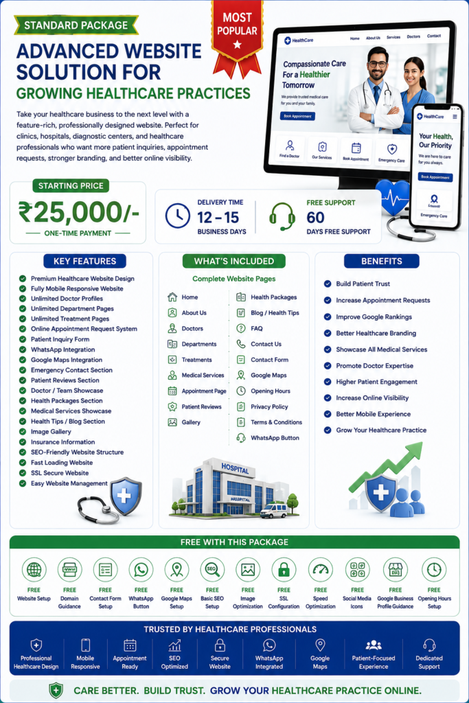 Standard Healthcare Website Package by Ratan Digital Solutions featuring ₹25,000 website package with doctor profiles, appointment booking, key features, benefits, free setup, delivery & support for clinics, hospitals, diagnostic centers and healthcare businesses.