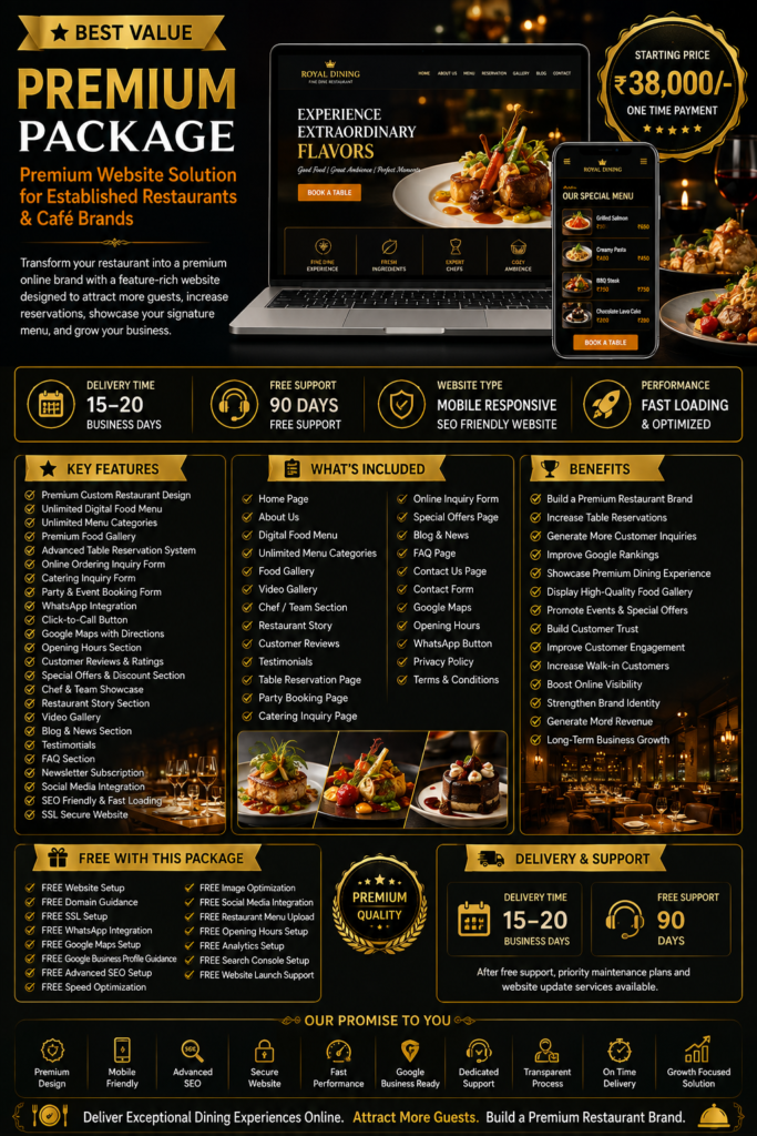 Restaurant & Cafe Premium Website Package featuring premium restaurant website design, digital food menu, advanced table reservation system, food gallery, Google Maps integration, WhatsApp support, advanced SEO optimization, and 90 days free support.