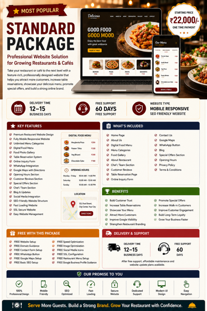 Restaurant & Cafe Standard Website Package featuring premium restaurant website design, digital food menu, table reservation system, food gallery, Google Maps, WhatsApp integration, SEO-friendly website, and 60 days free support.
