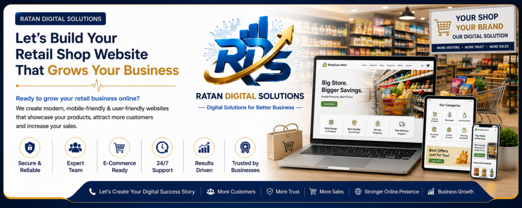 Professional retail shop website design banner by Ratan Digital Solution showcasing responsive eCommerce website for grocery store, supermarket, kirana shop, garment shop and retail business with mobile-friendly online store.