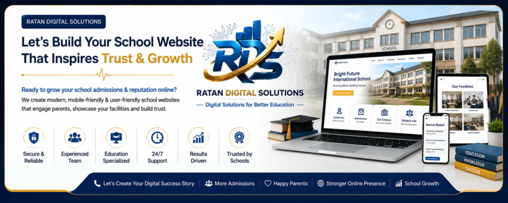 Professional school website development banner by Ratan Digital Solution featuring responsive school website design for laptop and mobile, secure education website, online admission support, and digital growth solutions for schools and colleges.