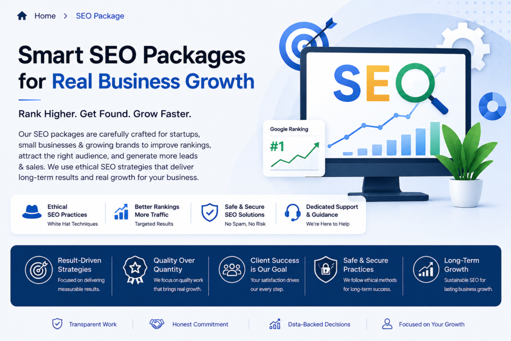Professional SEO Services banner showing Google ranking improvement, organic traffic growth, ethical SEO strategy, and business growth solutions.